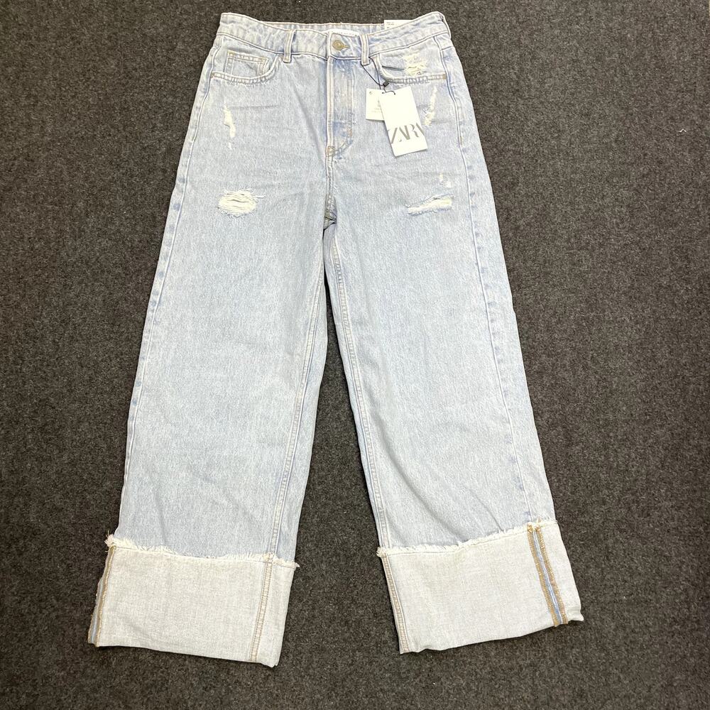NEW ZARA Wide Leg Low Rise Jeans Size 6 Distressed - Picture 3 of 16